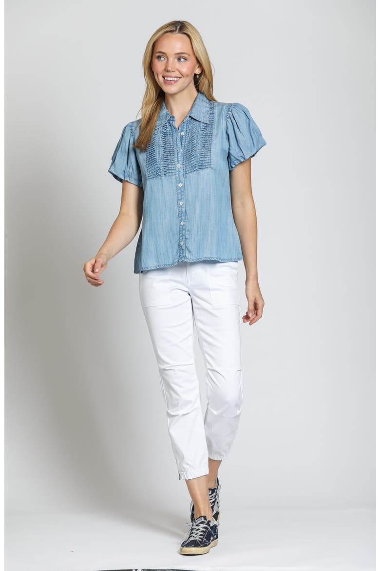 Pintuck Accent Puff Sleeve Button-Up Shirt, Alternate, color, LIGHT INDIGO
