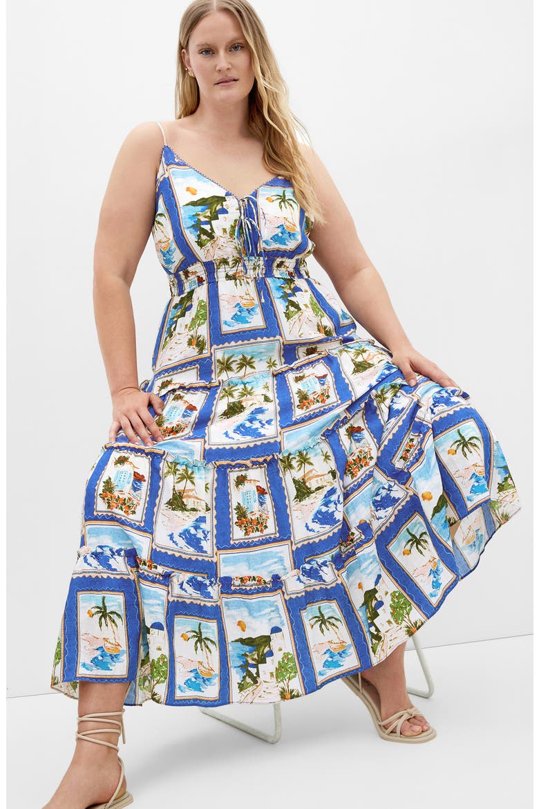 Aiza Postcard Print Tiered Tie Front Maxi Sundress, Alternate, color, BLUE POSTCARD