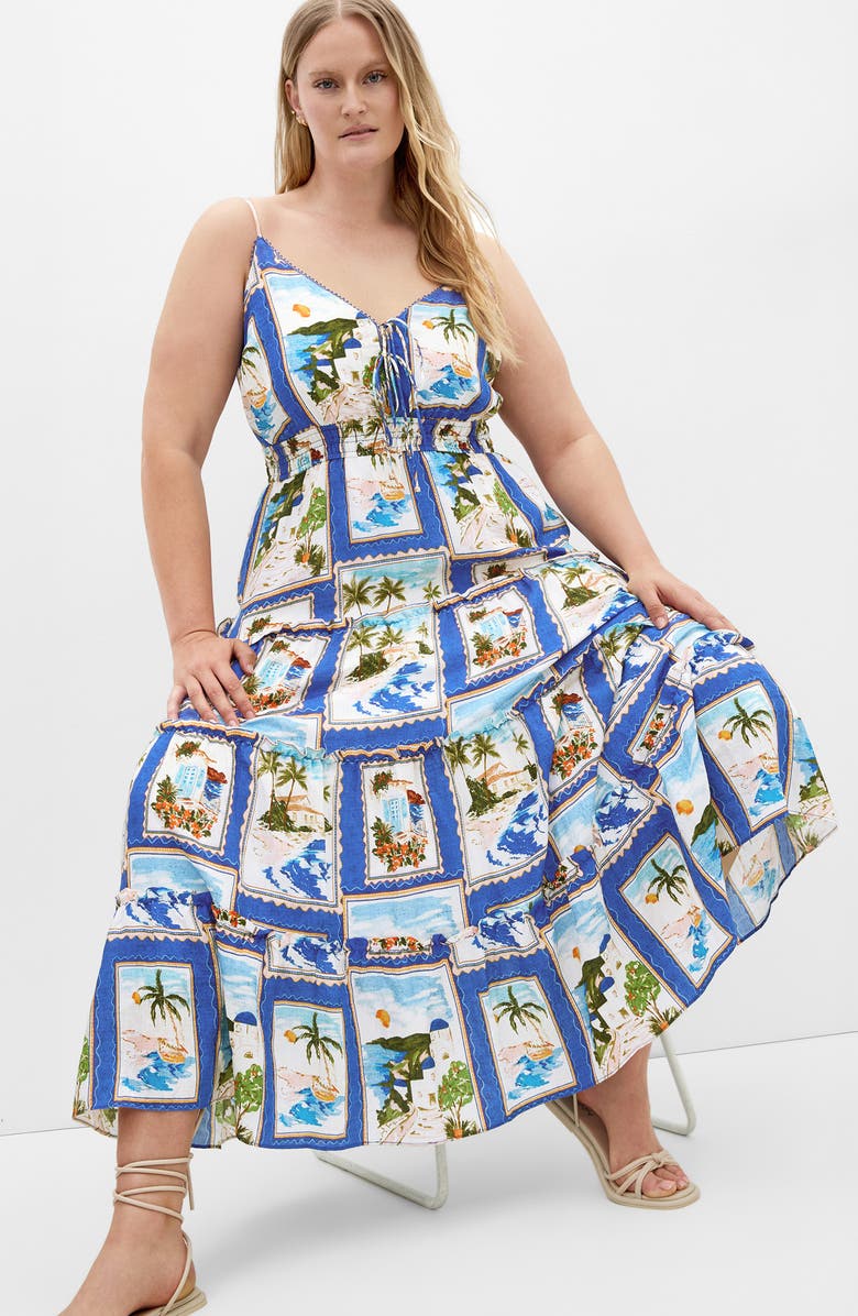 City Chic Aiza Postcard Print Tiered Tie Front Maxi Sundress, Alternate, color, Blue Postcard