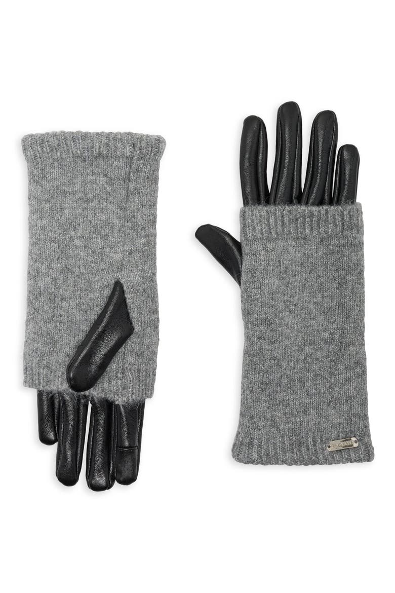 Faux Leather Trim Gloves, Main, color, BLACK HEATHER GREY
