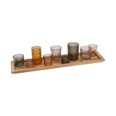 Round Glass Votive Holders on Wood Tray, Brown, Set of 10