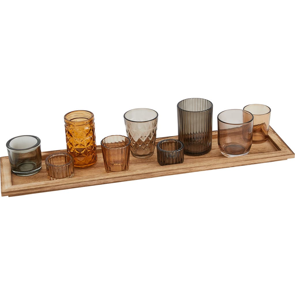 Storied Home Round Glass Votive Holders On Wood Tray, Brown, Set Of 10 In Brown
