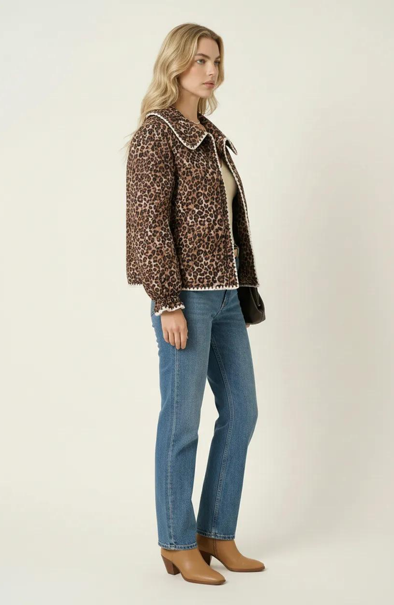 Modenaire Leopard Print Button-Front Contrast Trim and Collar Jacket, Alternate, color, Leopard Print