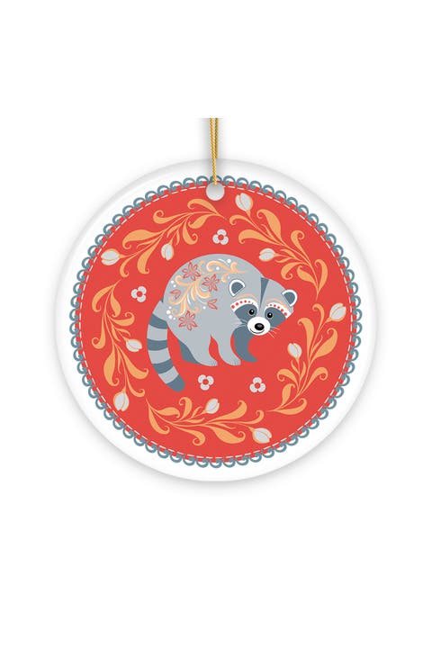 Scandinavian Folk Art Raccoon Ceramic Ornament
