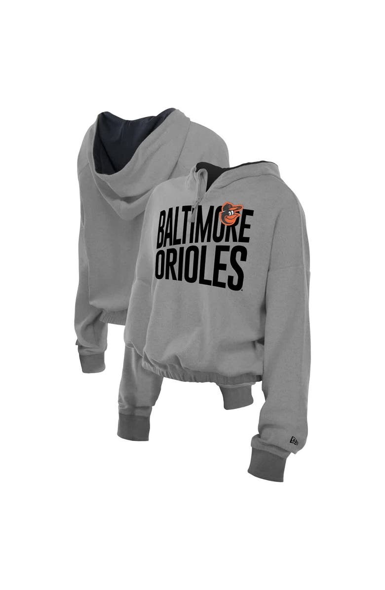 New Era Women's New Era Heather Gray Baltimore Orioles Reversed Out French Terry Quarter-Zip Banded Crop Hoodie, Main, color, Heather Gray