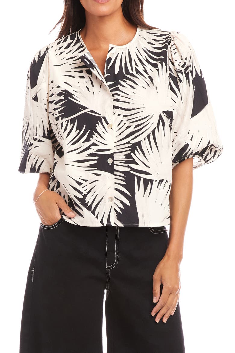 Palm Print Puff Sleeve Cotton Button-Up Top, Main, color, PRINT