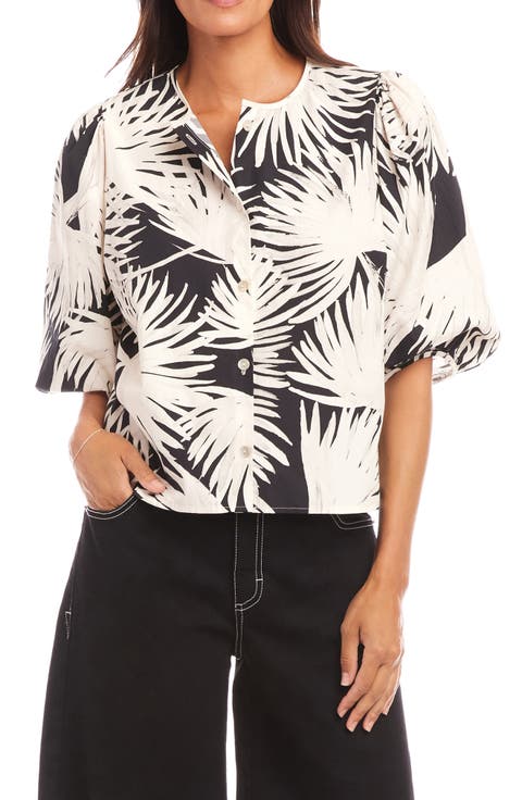 Palm Print Puff Sleeve Cotton Button-Up Top