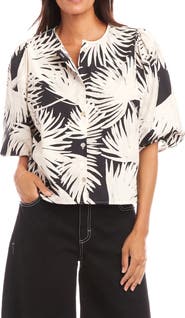 Karen Kane Palm Print Puff Sleeve Cotton Button-Up Top