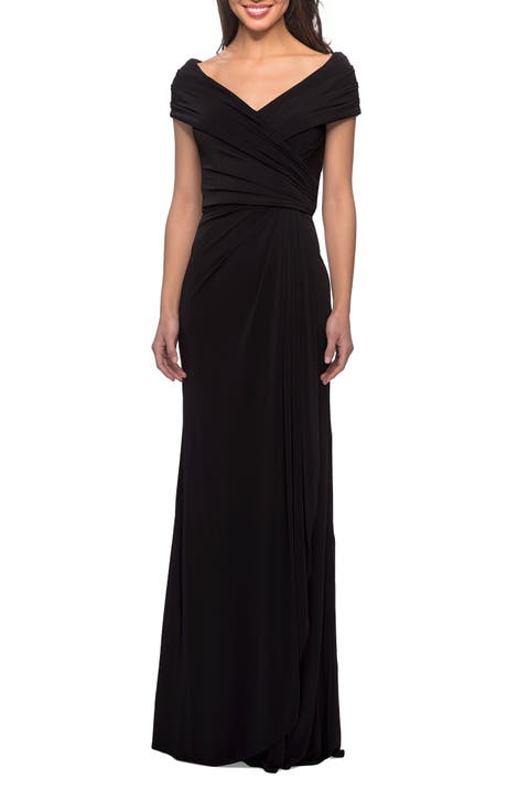 Ruched Jersey Long Gown with V-Neckline