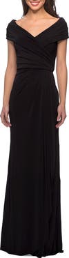 La Femme Ruched Jersey Long Gown with V-Neckline