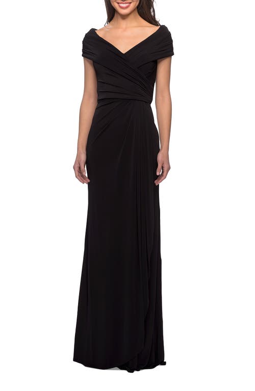 La Femme Ruched Jersey Long Gown With V-neckline In Black