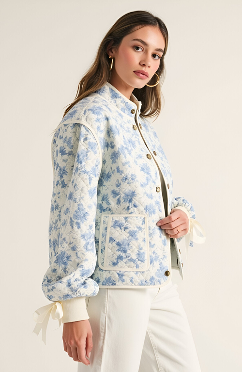 Modenaire Floral Quilted Jacket With Puff Sleeves And Satin Bow Cuffs In Blue
