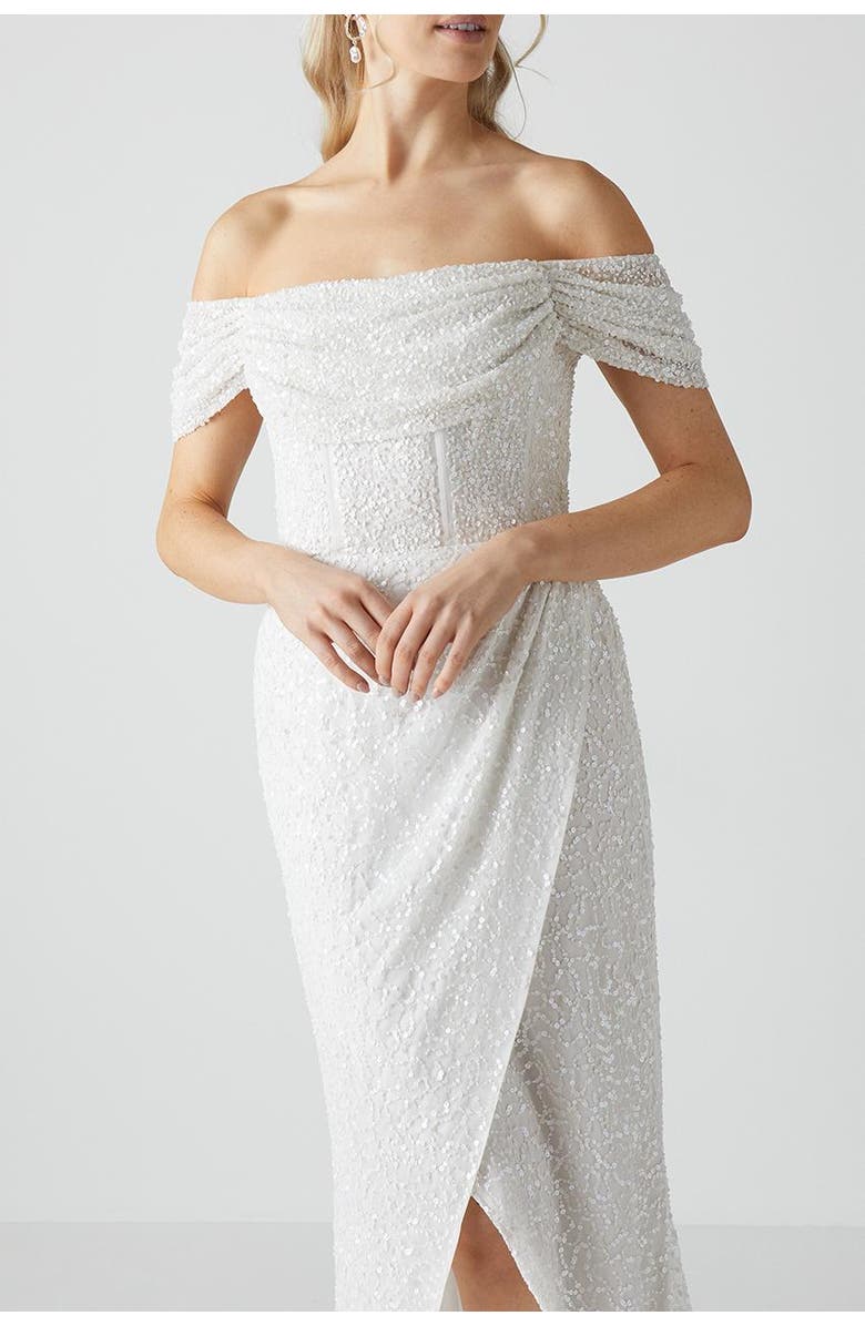 Coast Sequin Bardot  Wrap Skirt Wedding Dress, Alternate, color, Ivory