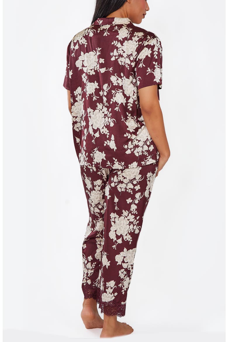 Floral Print Lace-Trim Satin Pajama Set, Alternate, color, Burgundy