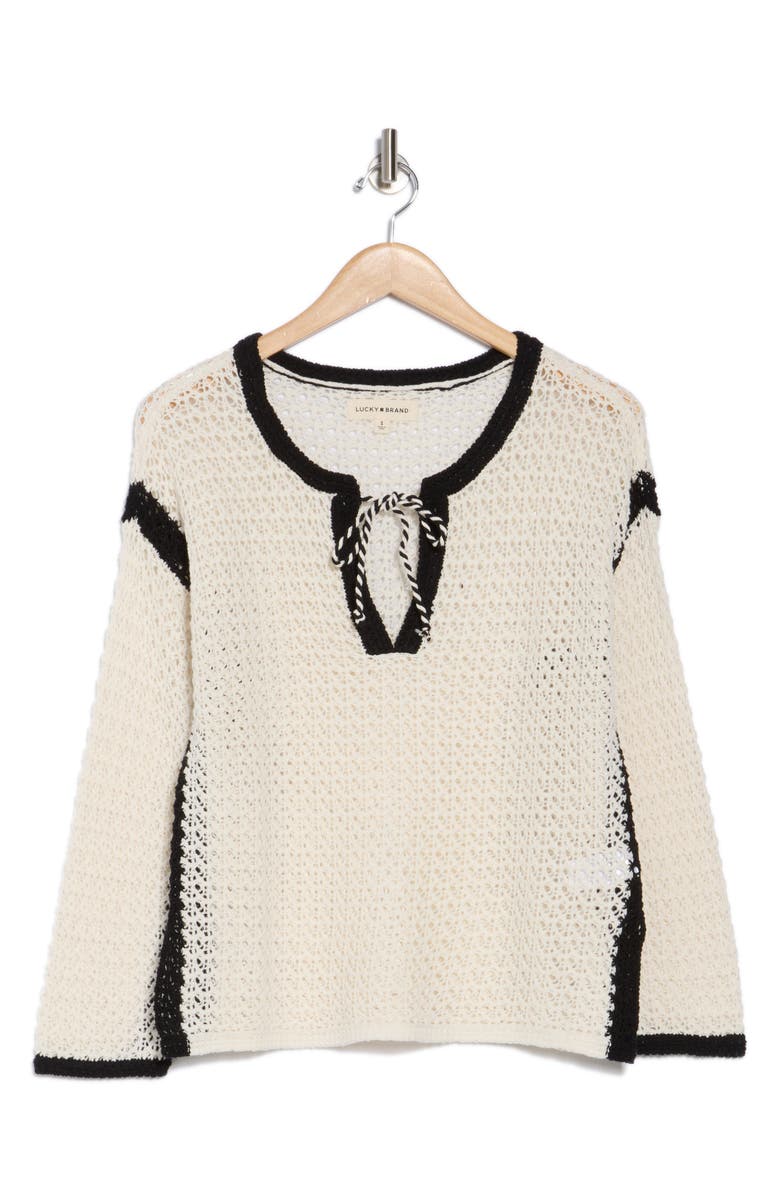 Lucky Brand Tie Keyhole Open Stitch Sweater, Alternate, color, Whisper White