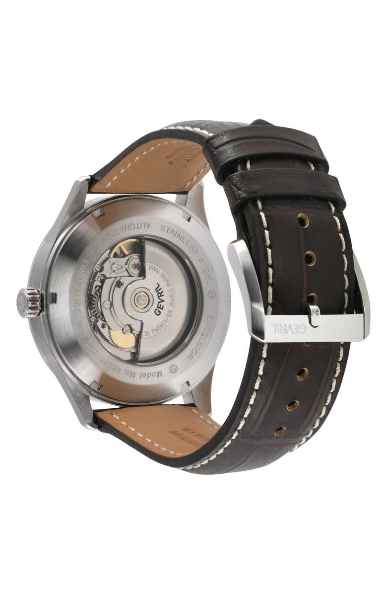 GEVRIL Excelsior Croc Embossed Leather Strap Watch, 42mm, Alternate, color, Brown