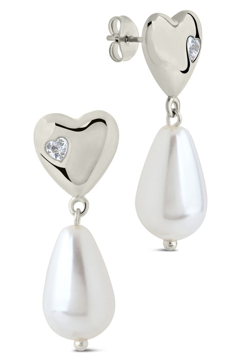 Josephine Cubic Zirconia Heart 5–5.5mm Pearl Drop Earrings, Main, color, SILVER