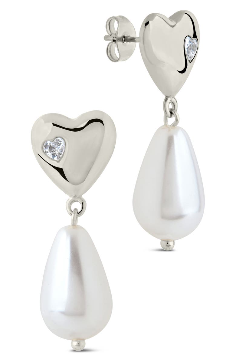 Sterling Forever Josephine Cubic Zirconia Heart 5–5.5mm Pearl Drop Earrings, Main, color, Silver