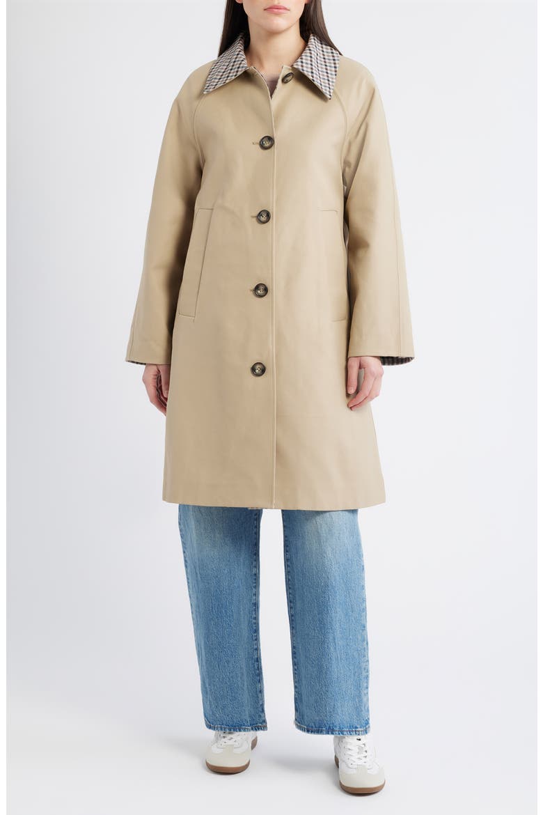 Long Check Collar Raincoat, Main, color, KHAKI / CHECK PRINT