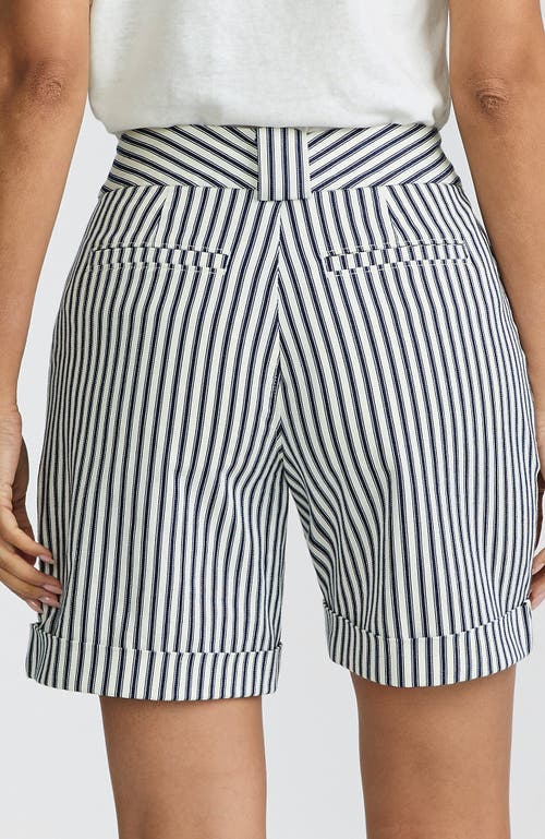 Lands' End Chino High Rise Pleated 7" Shorts In Ivory/deep Sea Awning Stripe