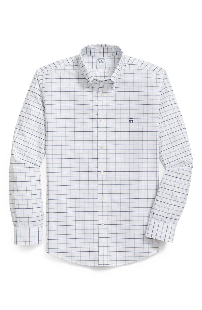 Brooks Brothers Tattersall Check Wrinkle Resistant Stretch Cotton Button-Down Shirt, Main, color, White Windowpane