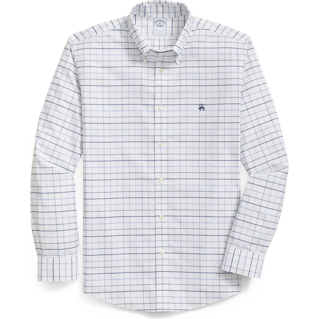 Brooks Brothers Tattersall Check Wrinkle Resistant Stretch Cotton Button-down Shirt In White