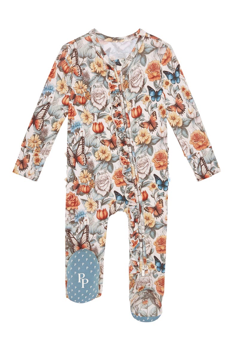 Floral Ruffle Zip Footie, Main, color, BEIGE