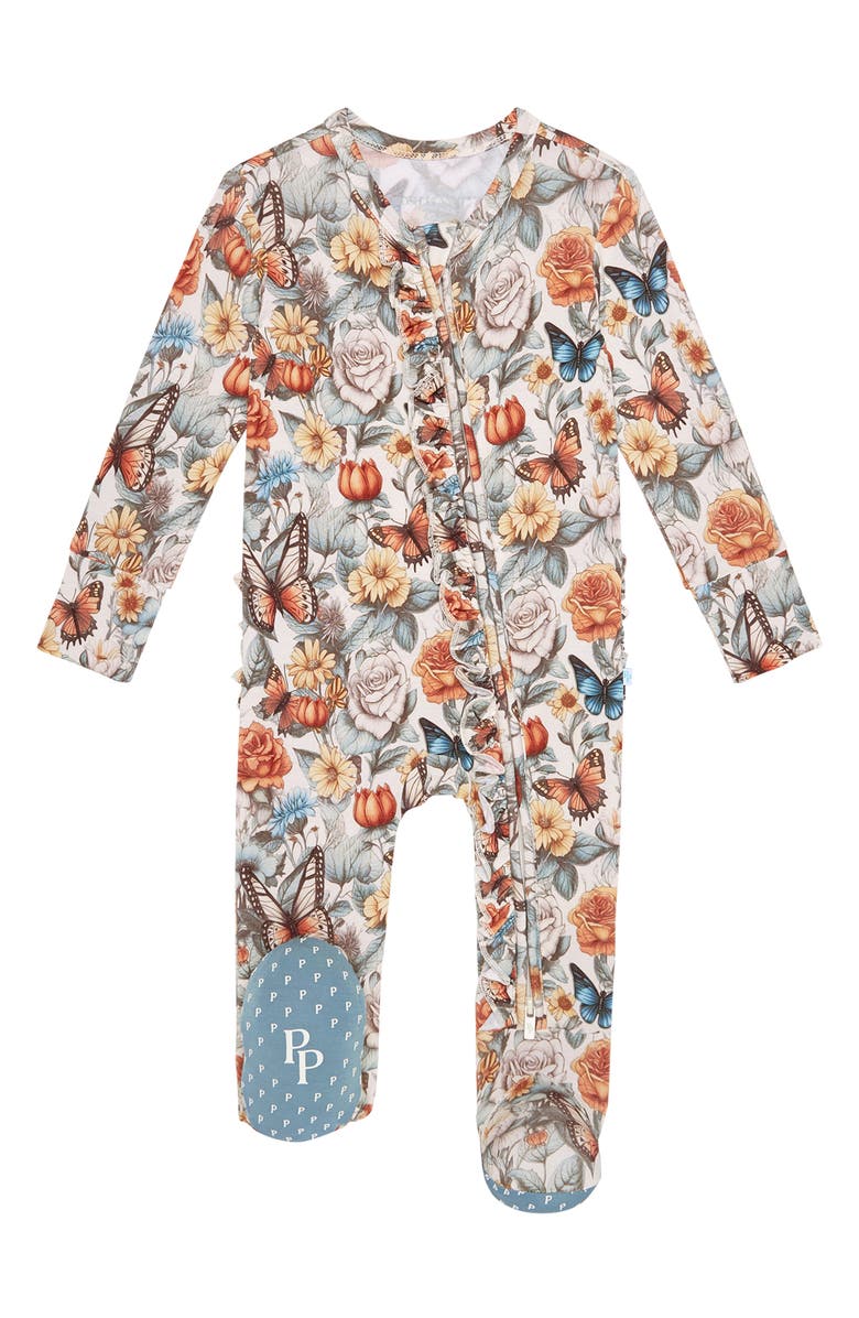 Posh Peanut Floral Ruffle Zip Footie, Main, color, Beige