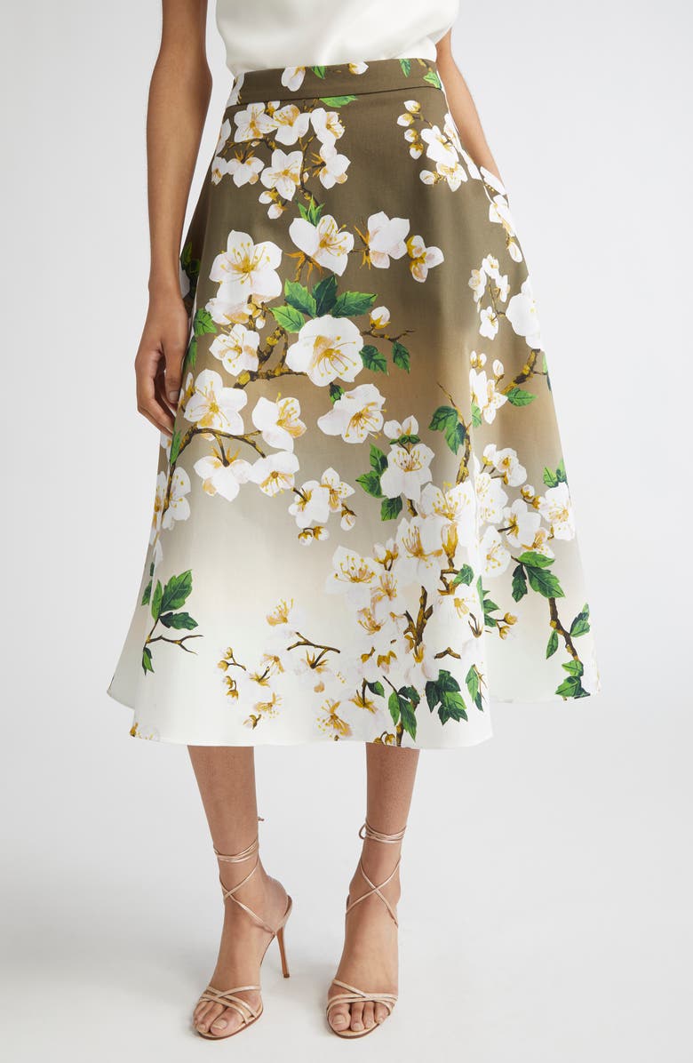 Oscar de la Renta Cherry Blossom Dégradé Poplin Midi Skirt, Main, color, White Khaki Ombre