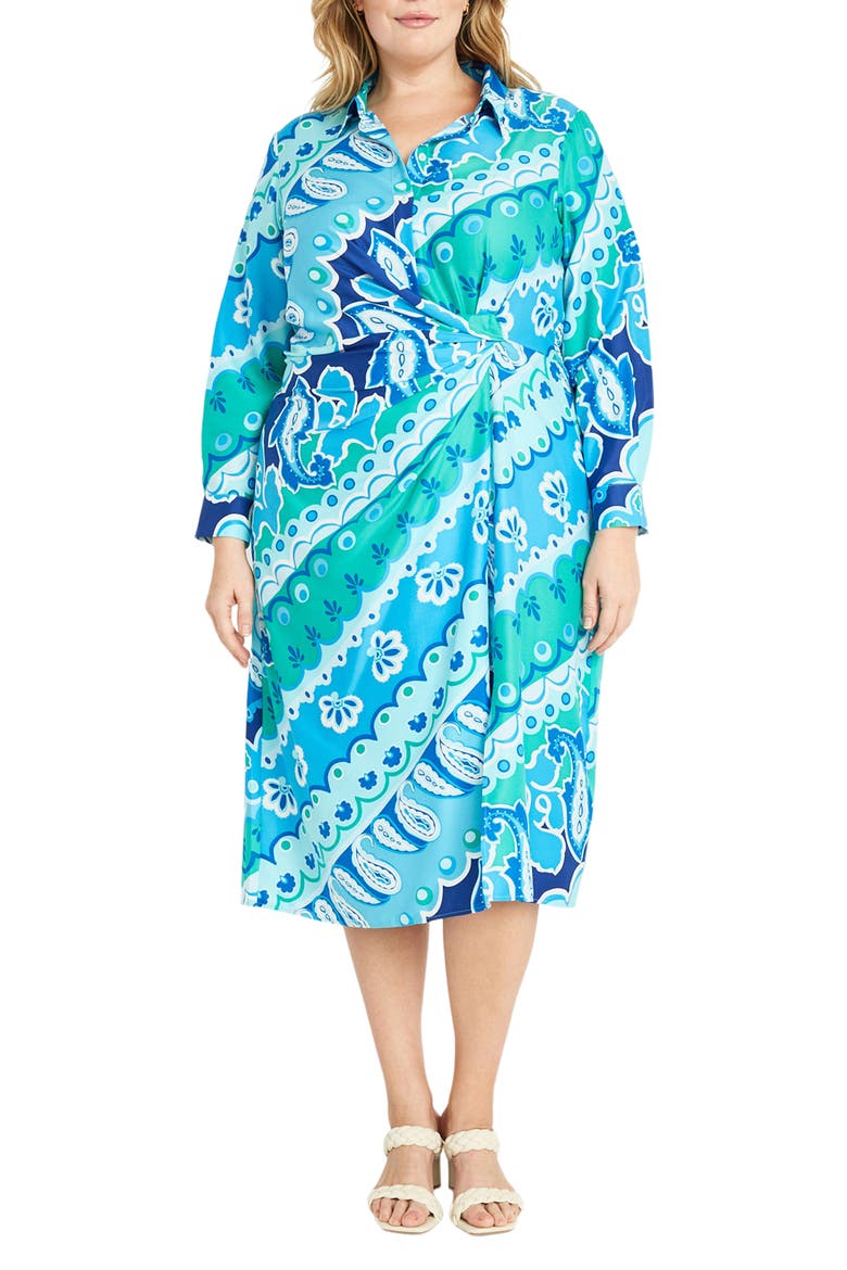 Long Sleeve Twisted Waist Midi Shirtdress, Main, color, SKY BLUE/ HAWAIN BLUE