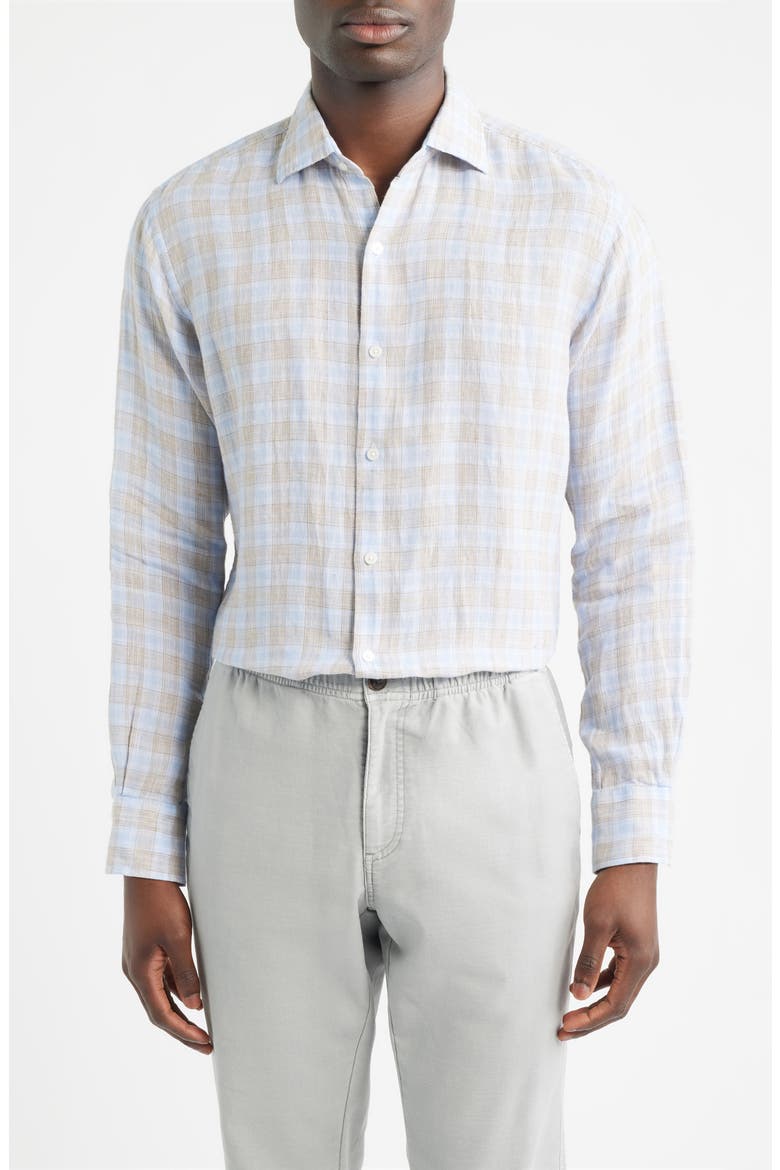 Milo Check Linen Button-Up Shirt, Main, color, CLOUDY BLUE
