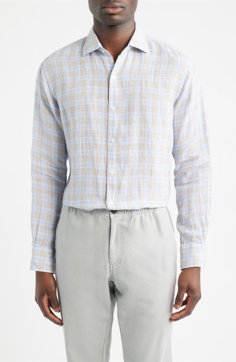 Peter Millar Milo Check Linen Button-Up Shirt, Main, color, Cloudy Blue