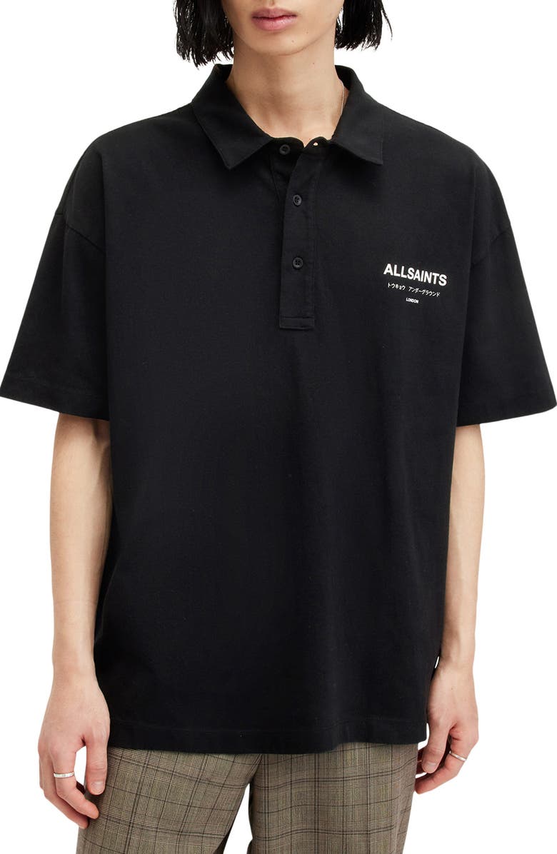AllSaints Underground Logo Graphic Polo, Main, color, Jet Black