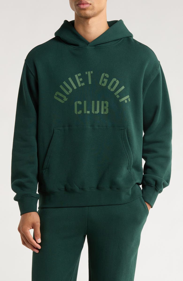 Quiet Golf Stencil Logo Cashmere Hoodie, Main, color, Forest