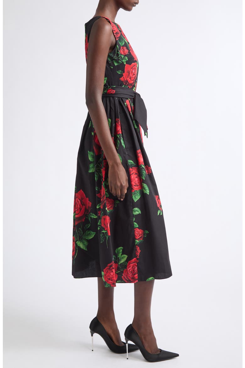 Rose Print Cotton Poplin Midi Dress, Alternate, color, ROSE ROSSE F.NERO