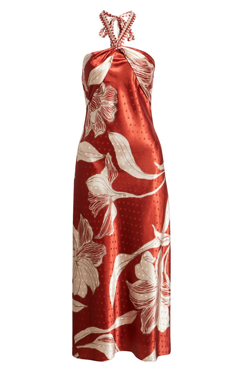 CIEBON Runie Floral Satin Halter Dress, Alternate, color, Amber/ Champagne
