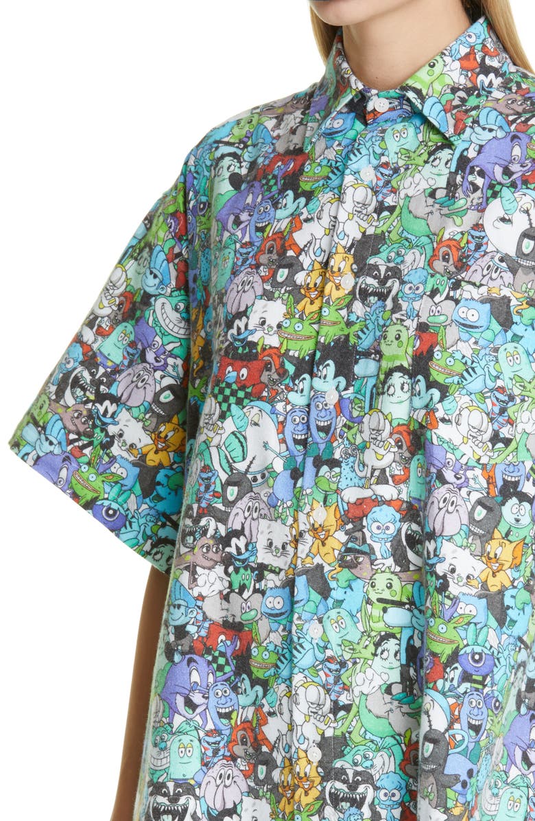 VETEMENTS Cartoon Mania Flannel Short Sleeve Unisex Button-Up Shirt, Alternate, color, 