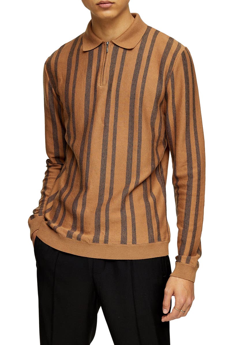 Topman Stripe Long Sleeve Zip Polo, Main, color,