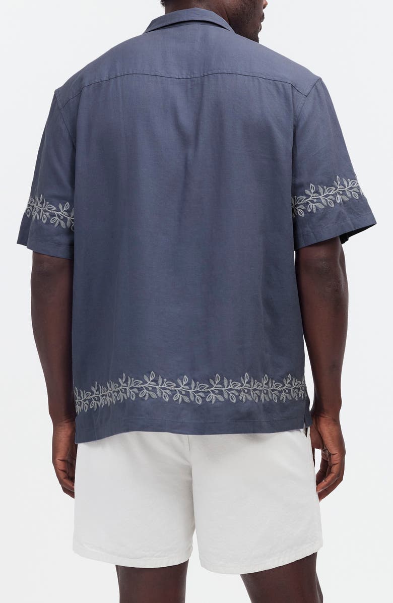 Madewell Easy Embroidered Short Sleeve Linen Blend Button-Up Shirt, Alternate, color, Night Indigo