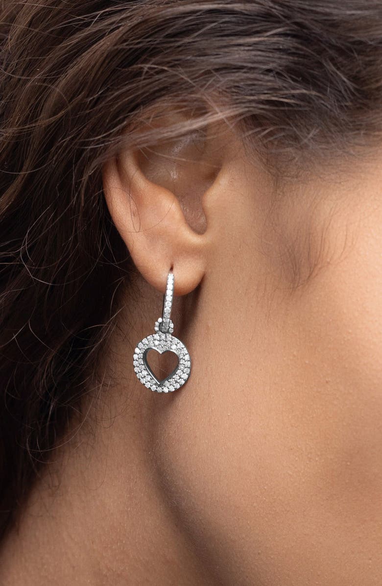 Sheryl Lowe Diamond Open Heart Charm On Huggie Hoop, Alternate, color, Sterling Silver