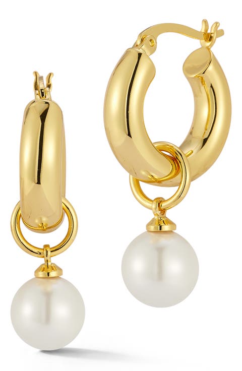 Faux Pearl Drop Huggie Hoop Earrings