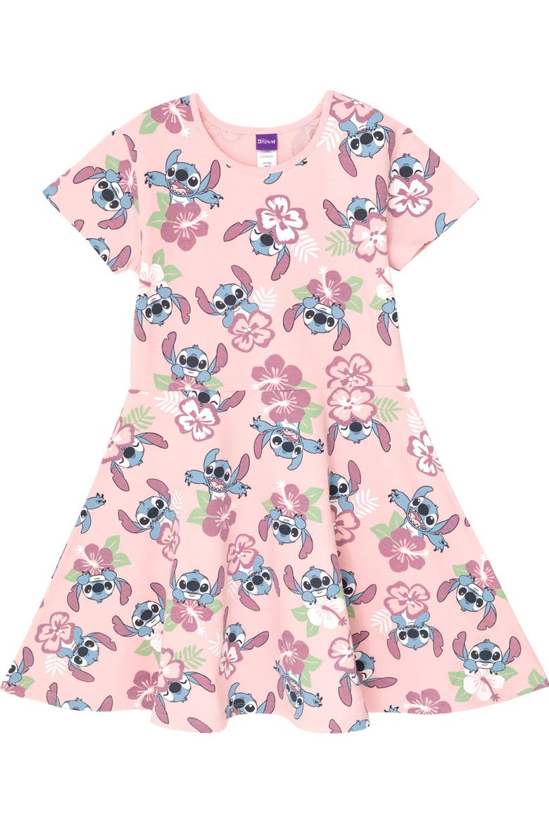 Lilo & Stitch Short Sleeve Skater Dress, Main, color, Stitch Pink