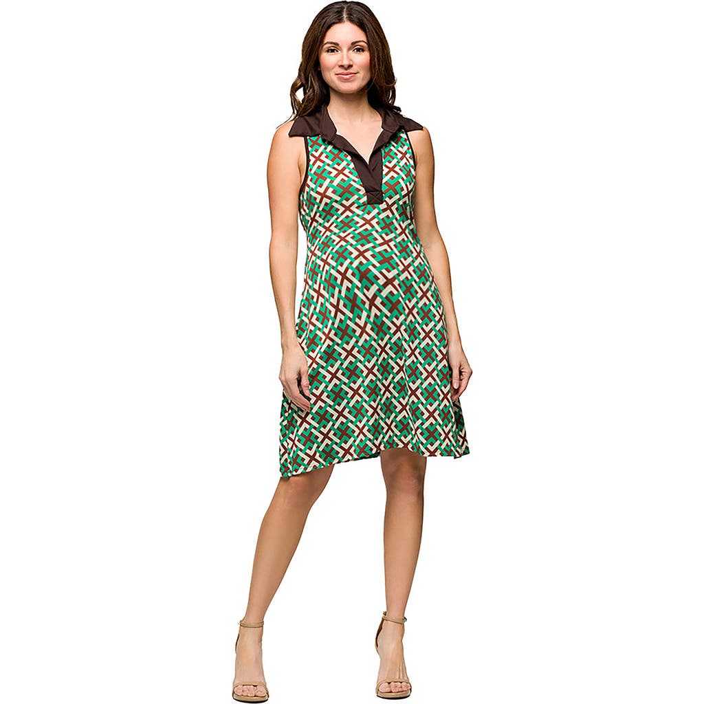 24seven Comfort Apparel Maternity Brown And Green Sleeveless Collared Mini Dress