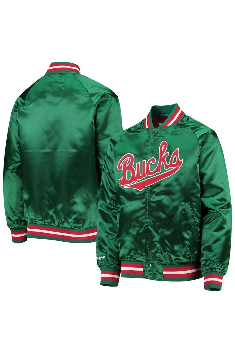 Youth Mitchell & Ness Green Milwaukee Bucks Hardwood Classics Satin Raglan Full-Snap Jacket, Main, color, HUNTER GREEN