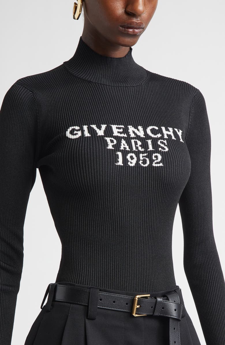 Givenchy Logo Rib High Neck Bodysuit, Alternate, color, Black