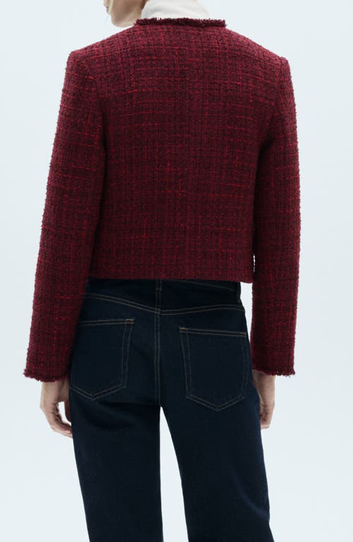 Shop Mango Fray Ends Crop Tweed Jacket In Cherry