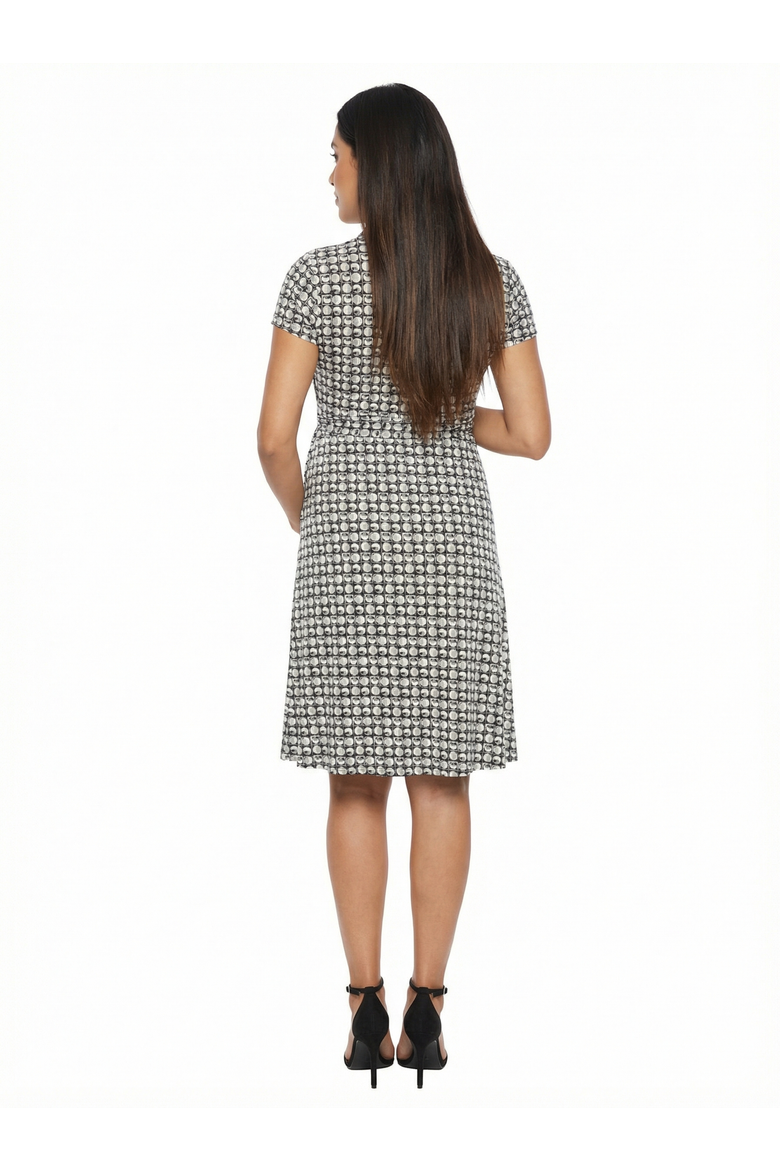 Maternity Geometric Short Sleeve Faux Wrap A-Line Dress, Alternate, color, Black Multi