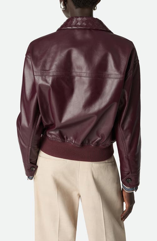 Bottega Veneta Women Bordeaux Crop Jacket With Intreccio Motif Collar And Dropped Shoulders In Leath In Burgundy