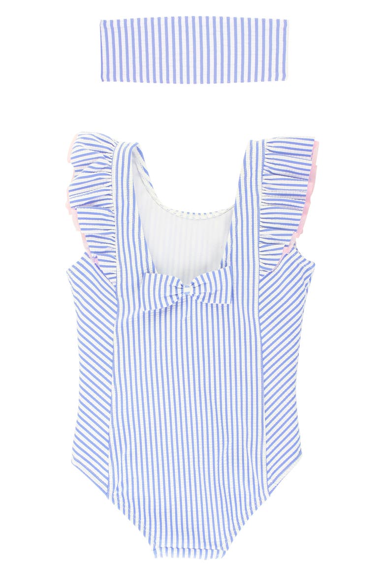 Seersucker Ruffle One-Piece Swimsuit & Head Wrap Set, Alternate, color, BLUE