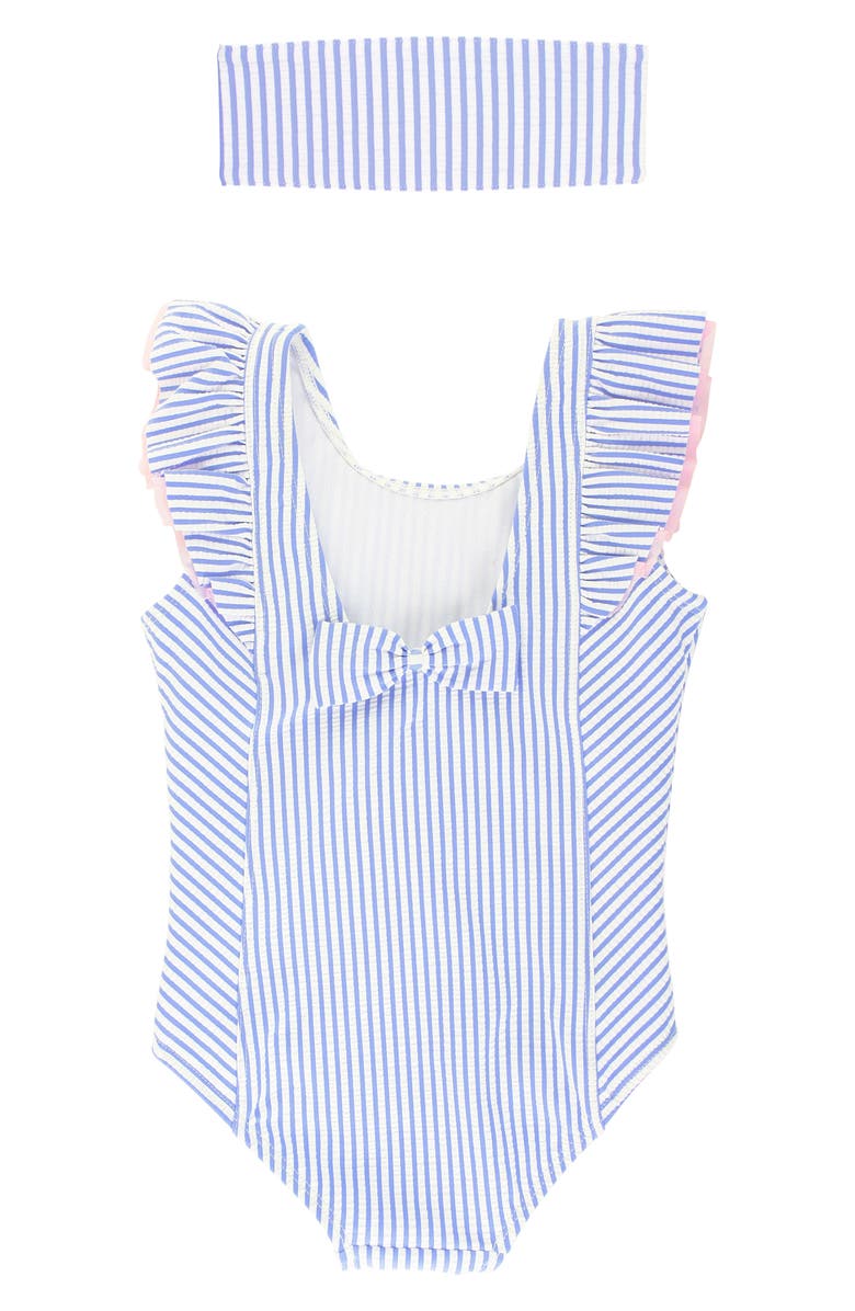 RuffleButts Seersucker Ruffle One-Piece Swimsuit & Head Wrap Set, Alternate, color,